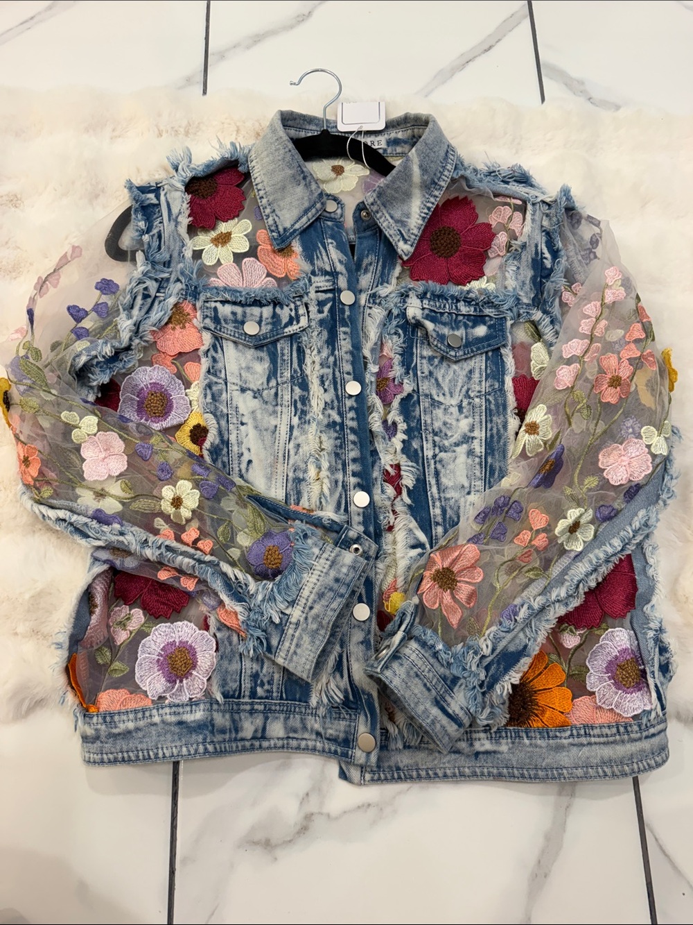 Adore Light Blue Denim Jacket with Multicolor Floral Embroidery